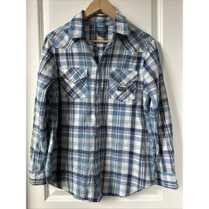 Polo Ralph Lauren Shirt Boys 14-16 Blue White Plaid Pearl Snap Western Preppy